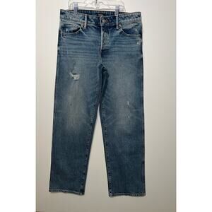 Express women’s distressed relaxed straight low rise button zipper blue jeans